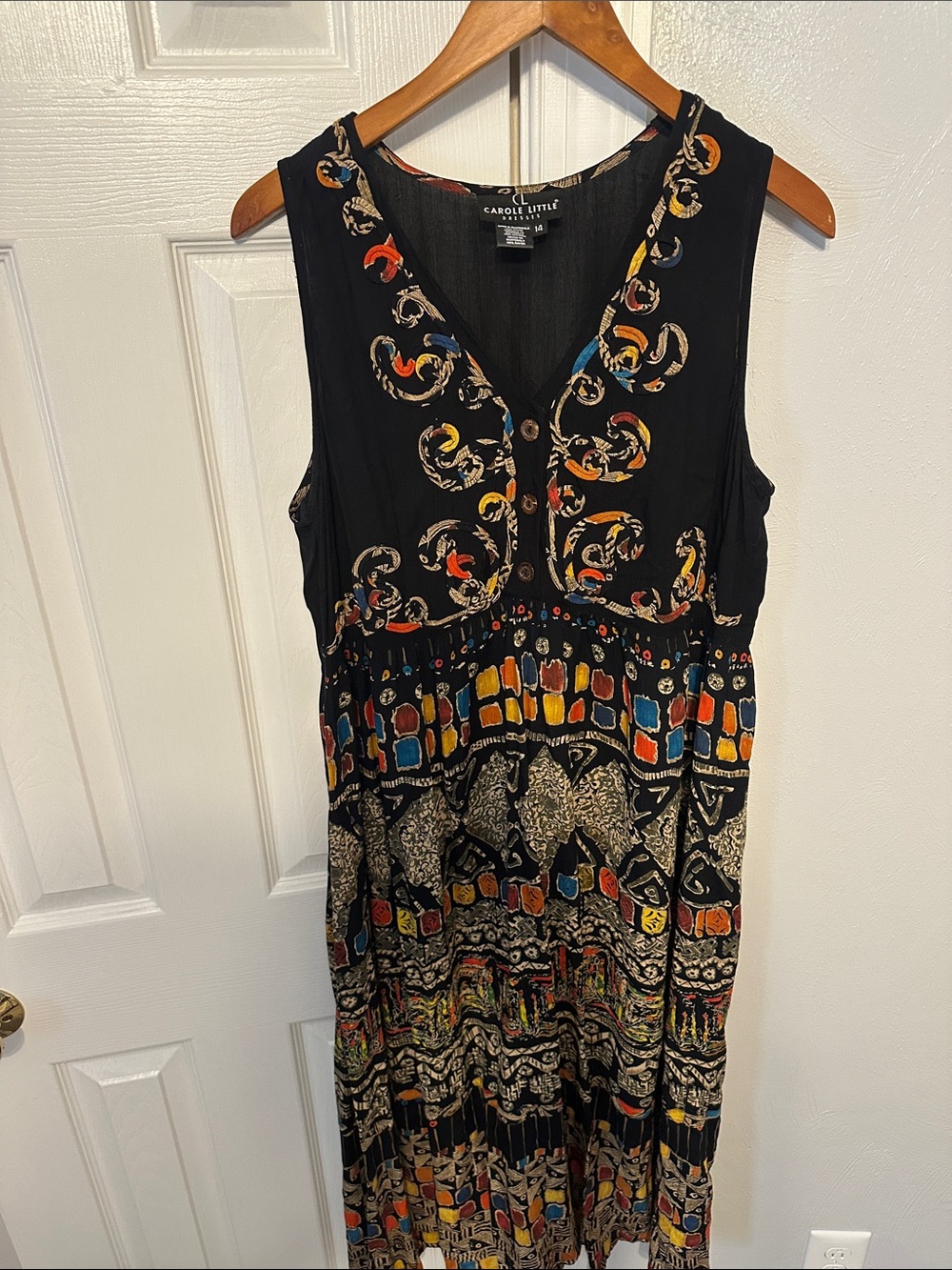 Carole Little Black Sleeveless Maxi Dress with Multicolor Geometric Print